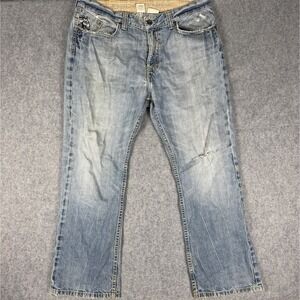 King Of Prides Jeans Mens 38x32 Loose Boot Cut Blue Distressed Embroidered Lion